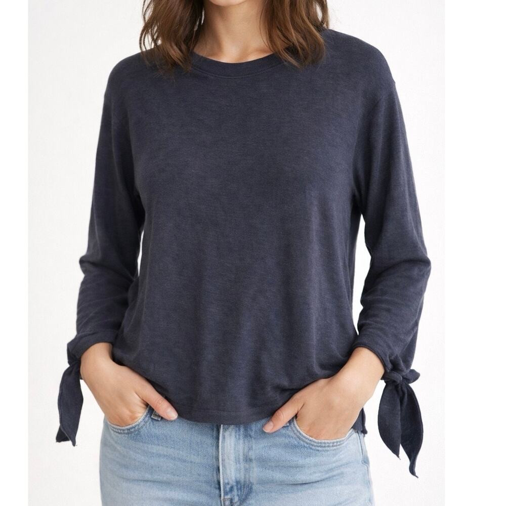 Monrow Slate Blue Soft Terry Lined Crewneck Tie Accent Top Size Small